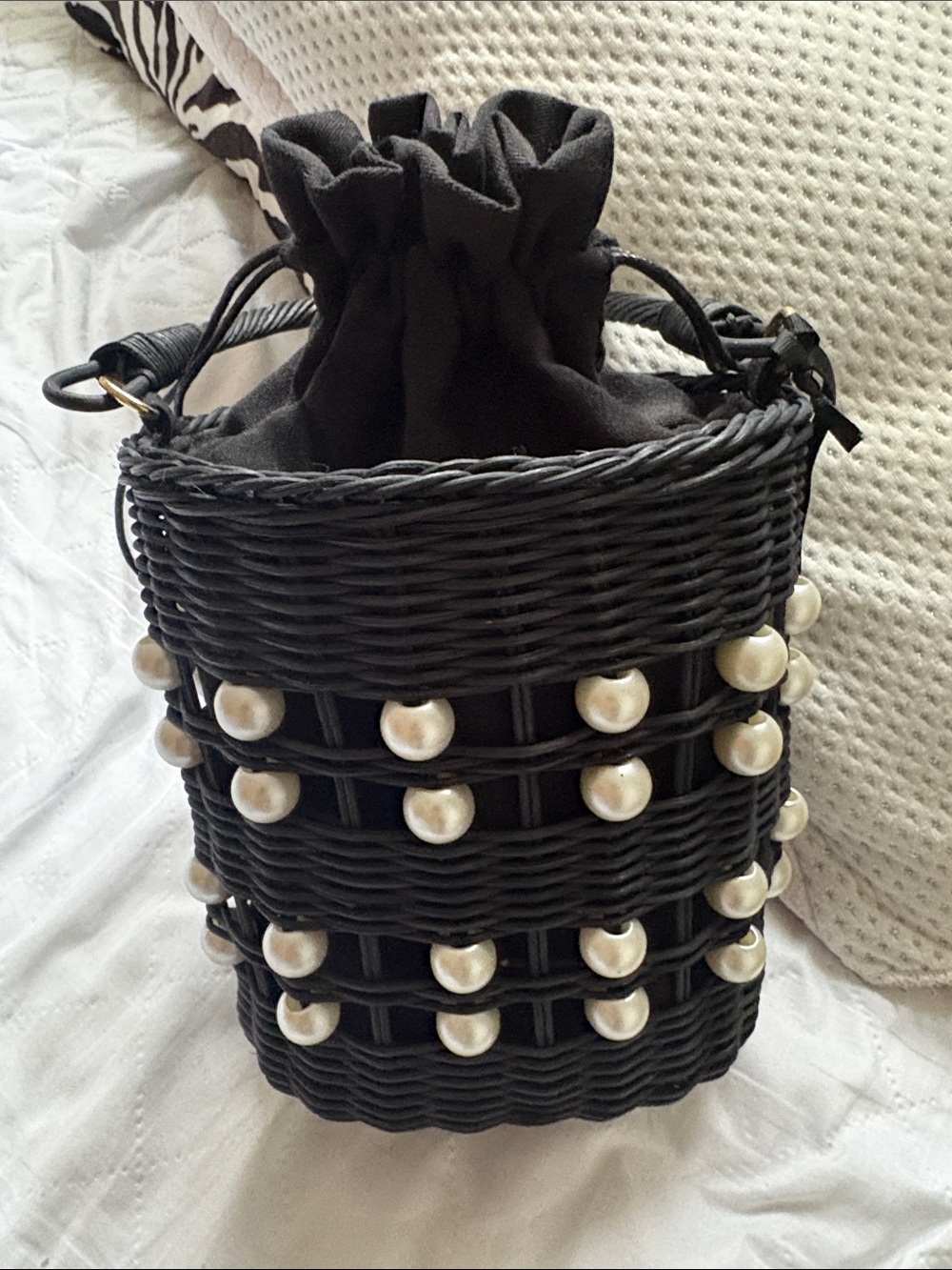 kate spade Black Wicker Bucket Bag with Pearl Trim
